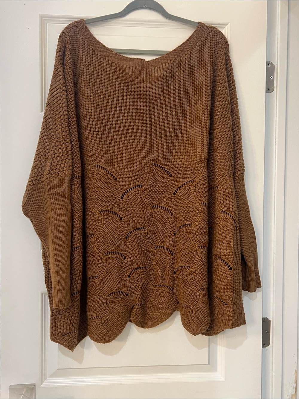 SHEIN Curve Women’s 3XL Brown Pointelle Knit Sweater Scalloped Hem Long Sleeve